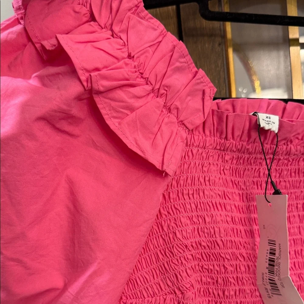 The Drop Smocked Square-Neck Ruffle Puff-Sleeve Blouse in Hot Pink - Picture 5 of 9